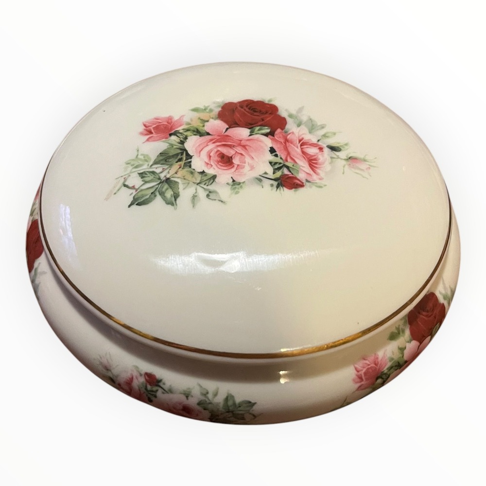 Formalities by Baum Bros Porcelain Rose Trinket Box Round Floral Jewelry Dish